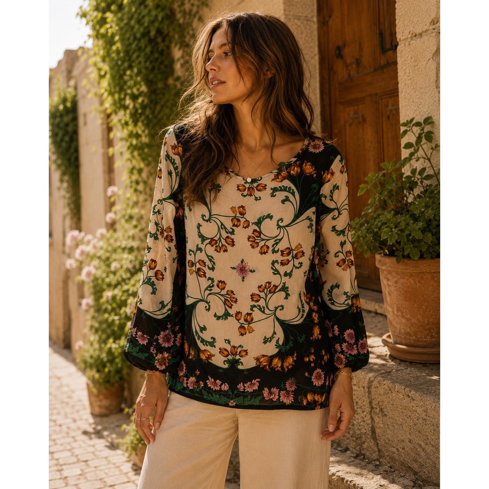 Maeve‎ Anthropologie FLORENCE Silk Floral Long Sleeve Blouse 4 Boho Nouveau Top